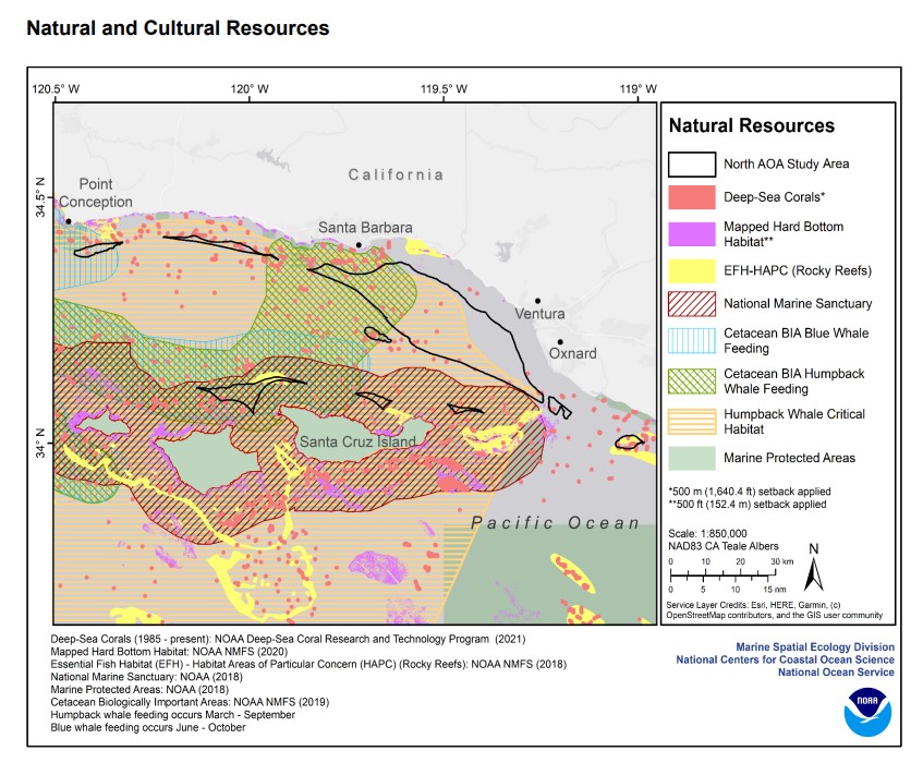 Sample map from An Aquaculture Opportunity Area Atlas for the Southern California Bight highlighting data from MarineCadastre.gov.