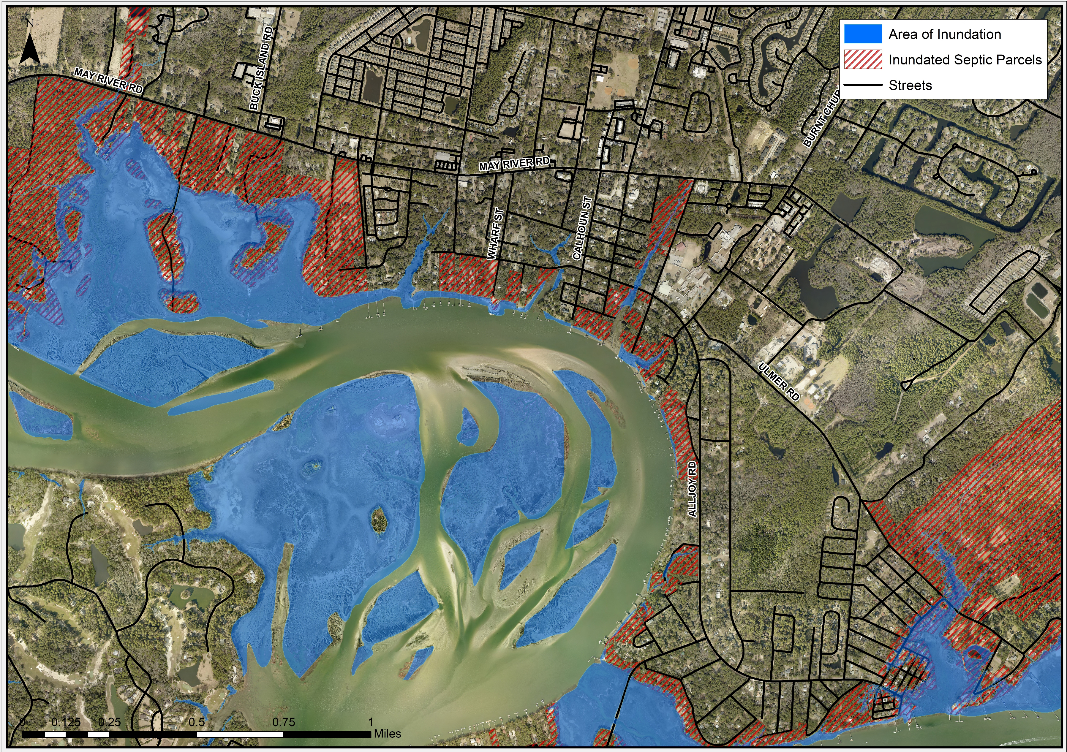 GIS map of Bluffton, South Carolina showing sea Level rise inundation