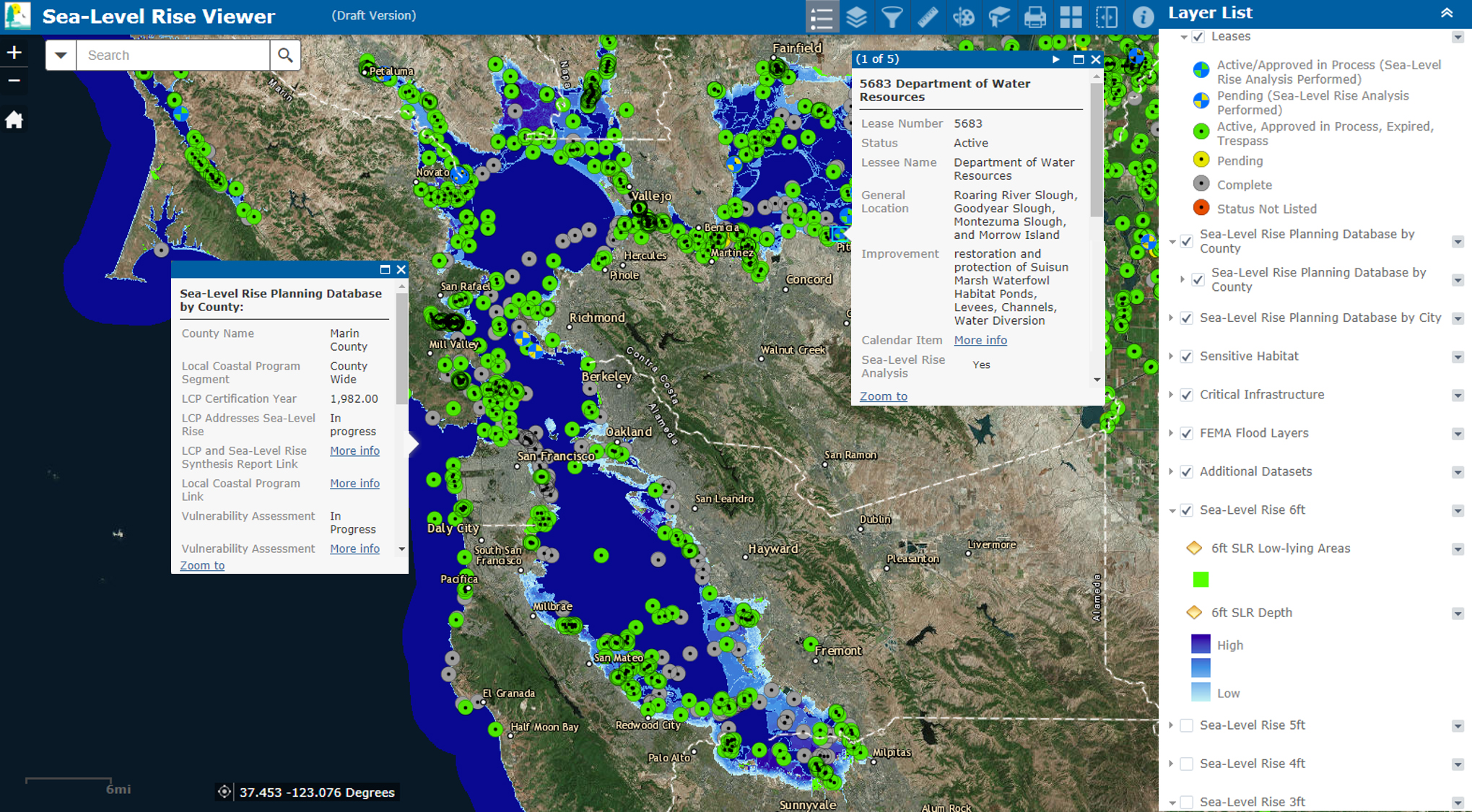 NOAA’s Sea Level Rise Viewer showing protected areas at risk of inundation along the California coastline
