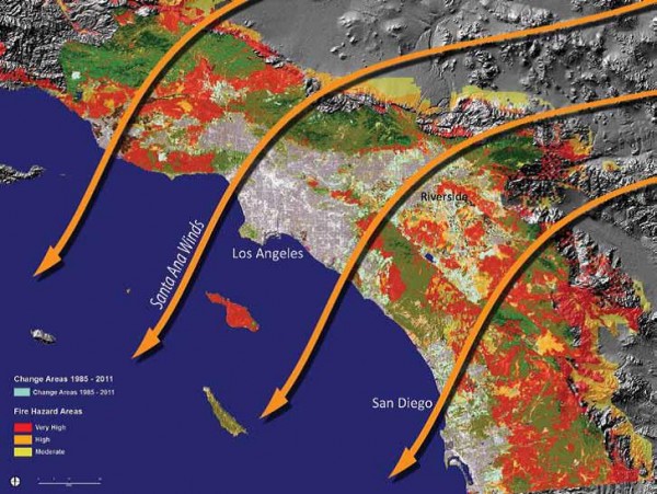 NOAA’s C-CAP coastal land cover data and archived Landsat Satellite Imagery showing fire hazard risks due to Santa Ana winds.