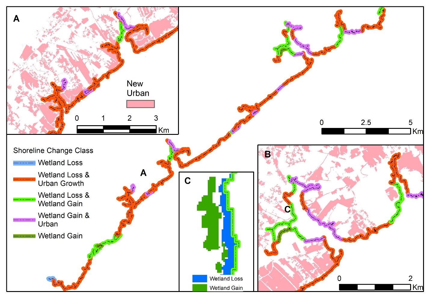 diagonal, curvy line with segments of blue, red, green, and purple with two red-toned maps zoomed in to coastal areas