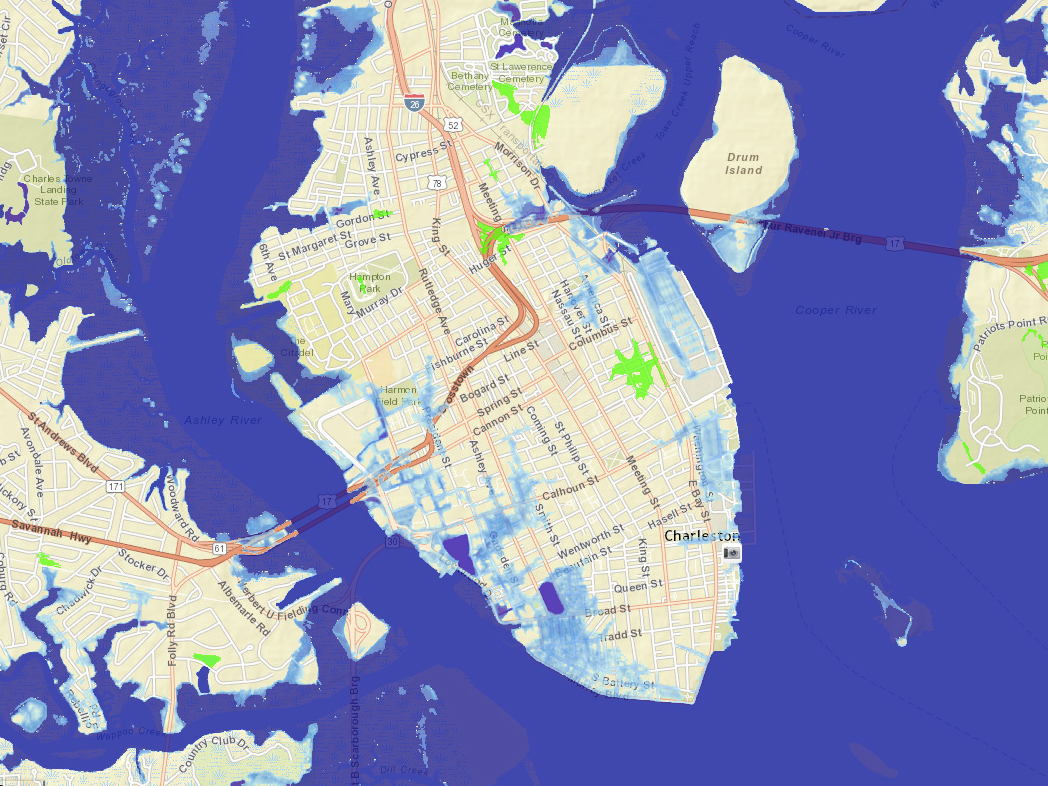 Sea Level Rise Viewer showing coastal flood exposure of Charleston, South Carolina