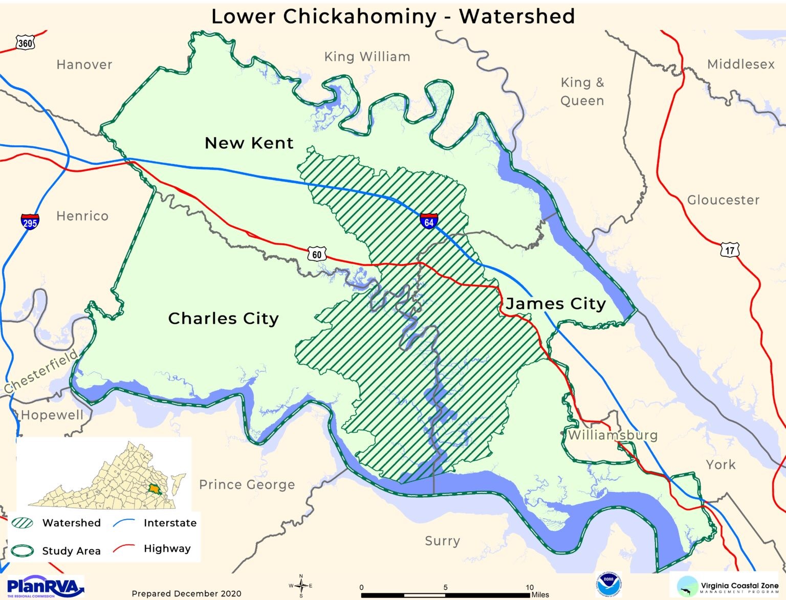 A map labeled Lower Chickahominy - Watershed. Several places are labeled on the study area, including Charles City, James City, and New Kent.