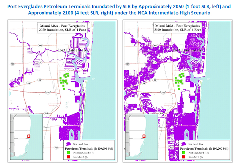 Sea Level Rise Viewer showing inundation impacting the Port Everglades Petroleum Terminals in Miami, Florida
