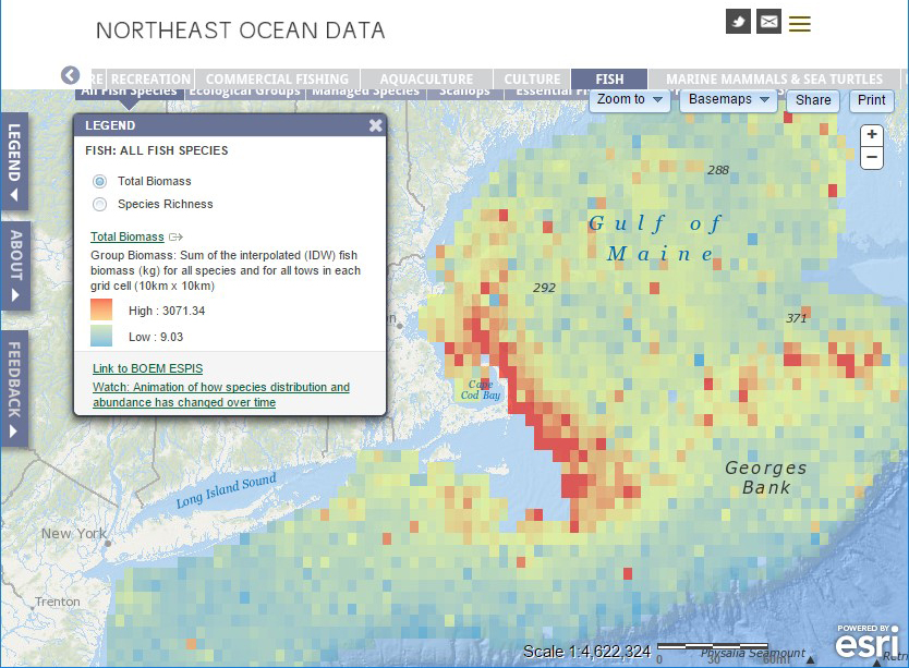 Regional Clearinghouse and Data Portals showing northeast ocean data and content-based links to the Environmental Studies Program Information System