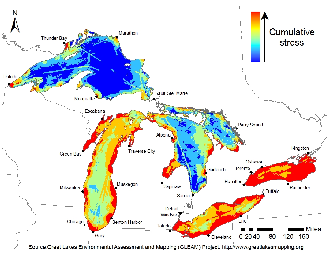 Economics: National Ocean Watch data showing recreational uses and stresses for Great Lakes region