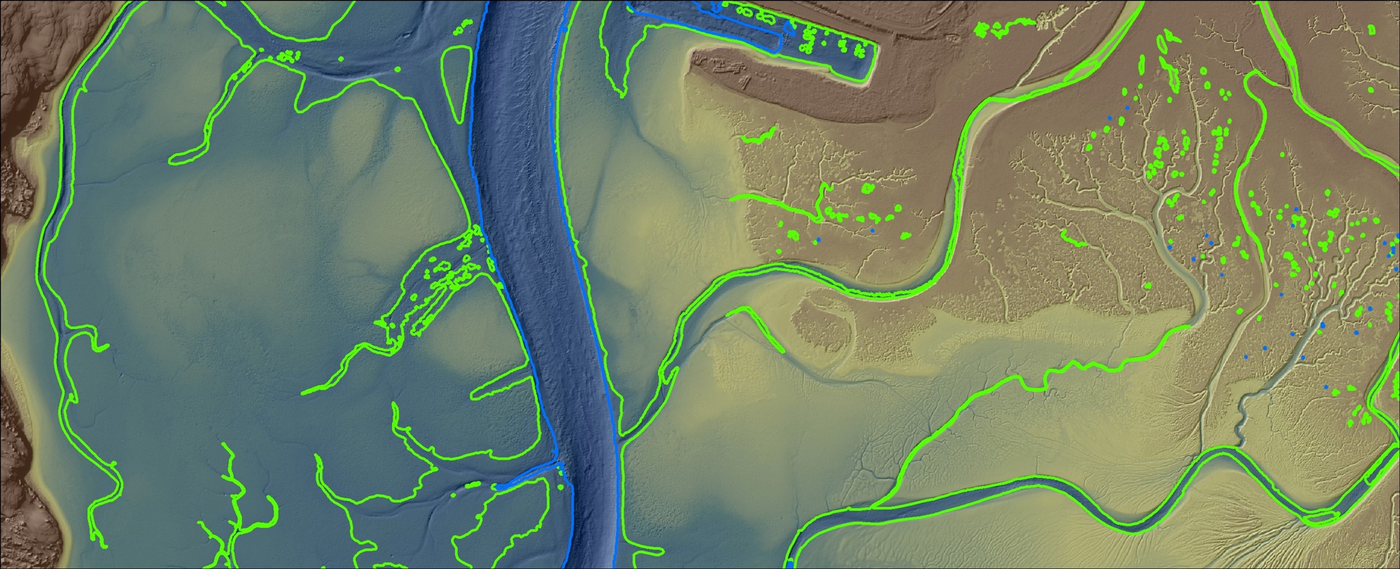 Screengrab of visualization of eelgrass data in Morro Bay showing shallow water and deep water.