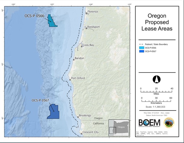 Map of Wind Energy Areas offshore of the Oregon Coast