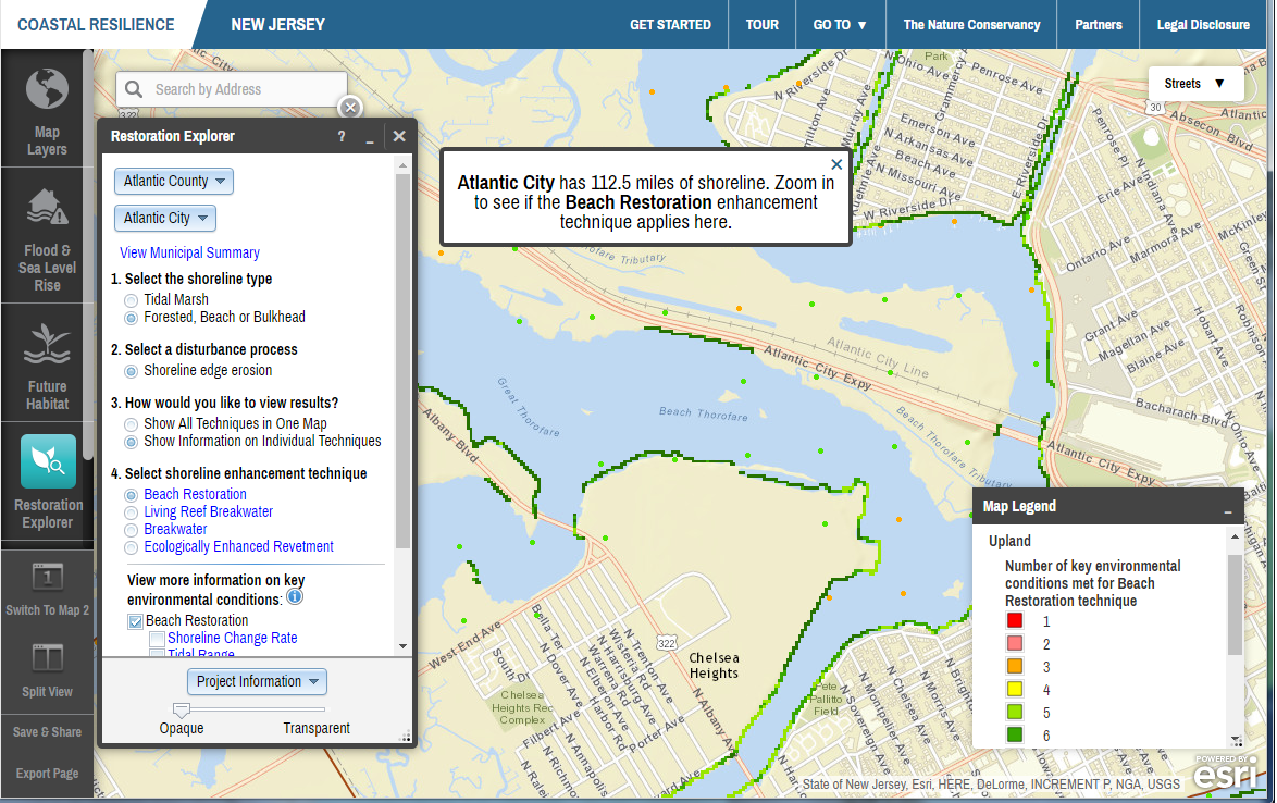 Sea Level Rise Inundation and Coastal Resilience Mapping Portal data were used to develop the Restoration Explorer