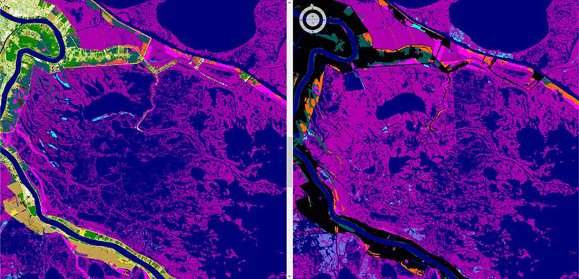 Left image shows imagery shows purple and blue colors, while the image at right displays more areas in purple.