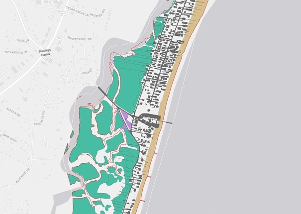 Aerial view of Pawleys Island depicting wetlands, parks, and beach areas.