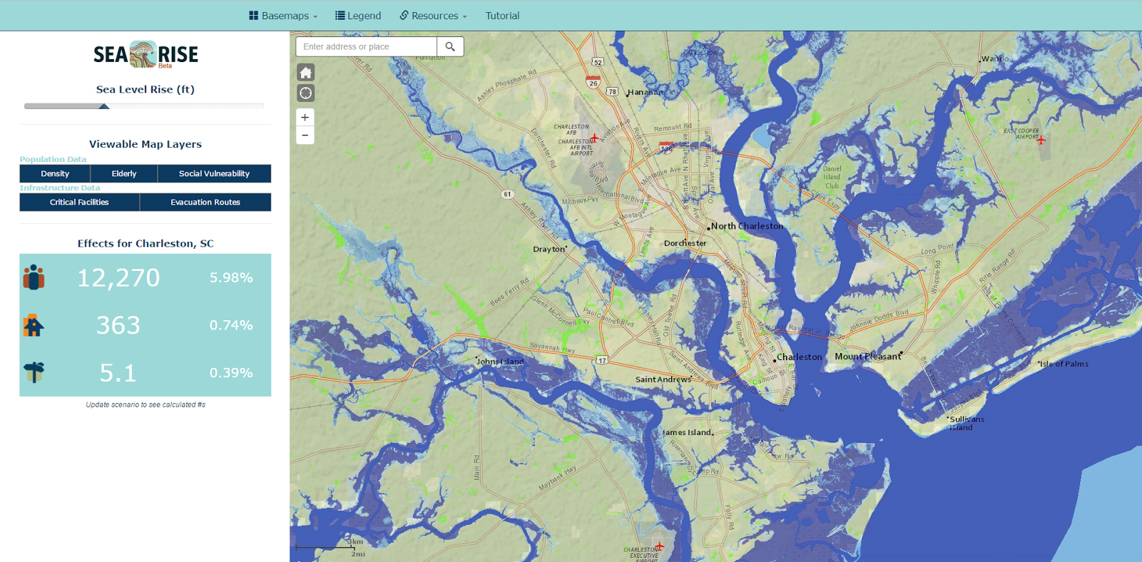 South Carolina Aquarium uses data and map services from Sea Level Rise Viewer to view potential impacts of flooding and storm surge on the community
