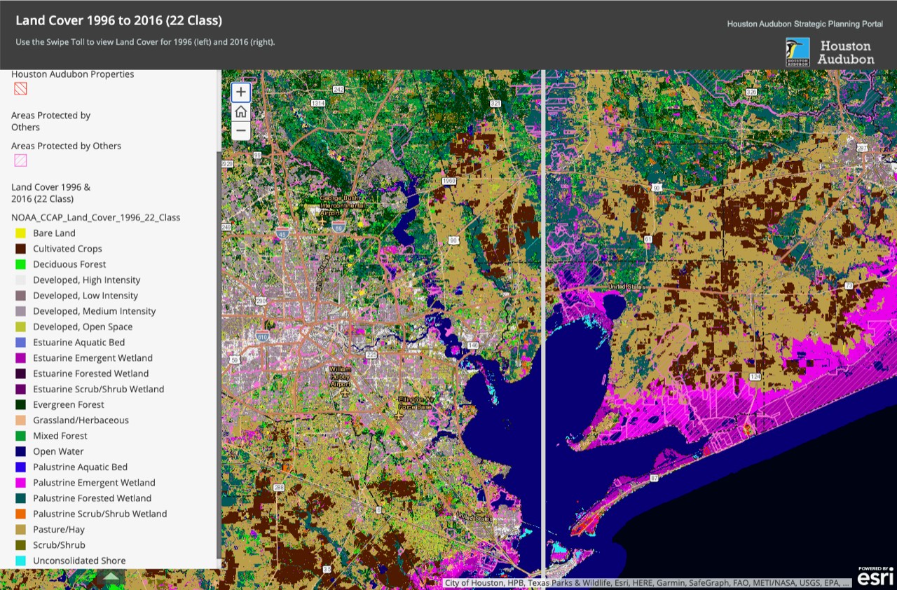 Houston Audubon Strategic Planning Portal mapping interface showing land cover change