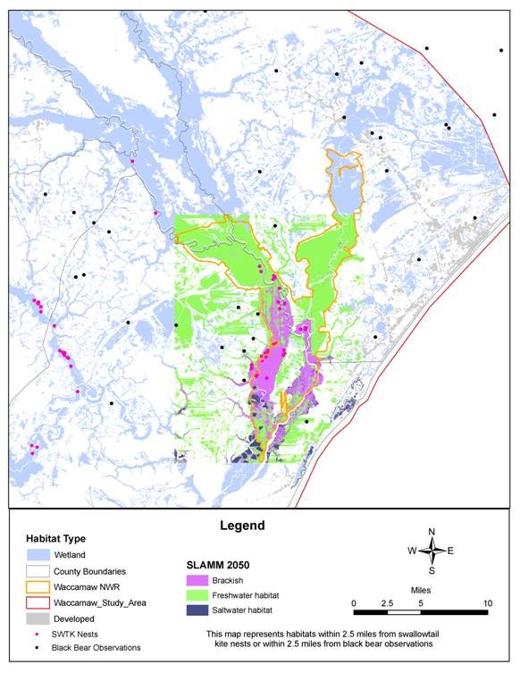 The Waccamaw National Wildlife Refuge uses the Sea Level Affecting Marshes Model (SLAMM) to predict that brackish marshes will move inland