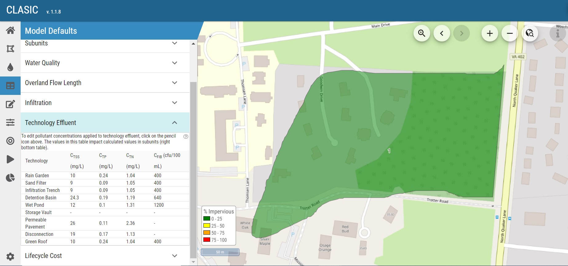 A screenshot of the tool, Community-enabled Lifecycle Analysis of Stormwater Infrastructure Costs, being used.