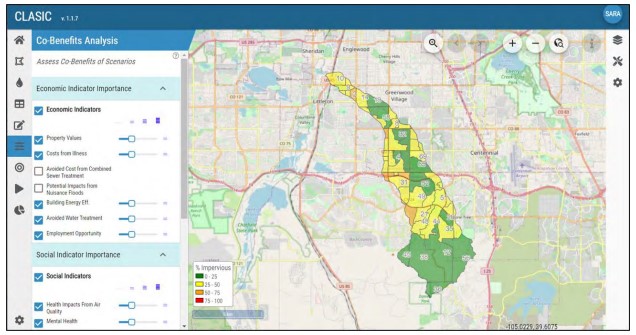 A screenshot of the tool, Community-enabled Lifecycle Analysis of Stormwater Infrastructure Costs, being used.