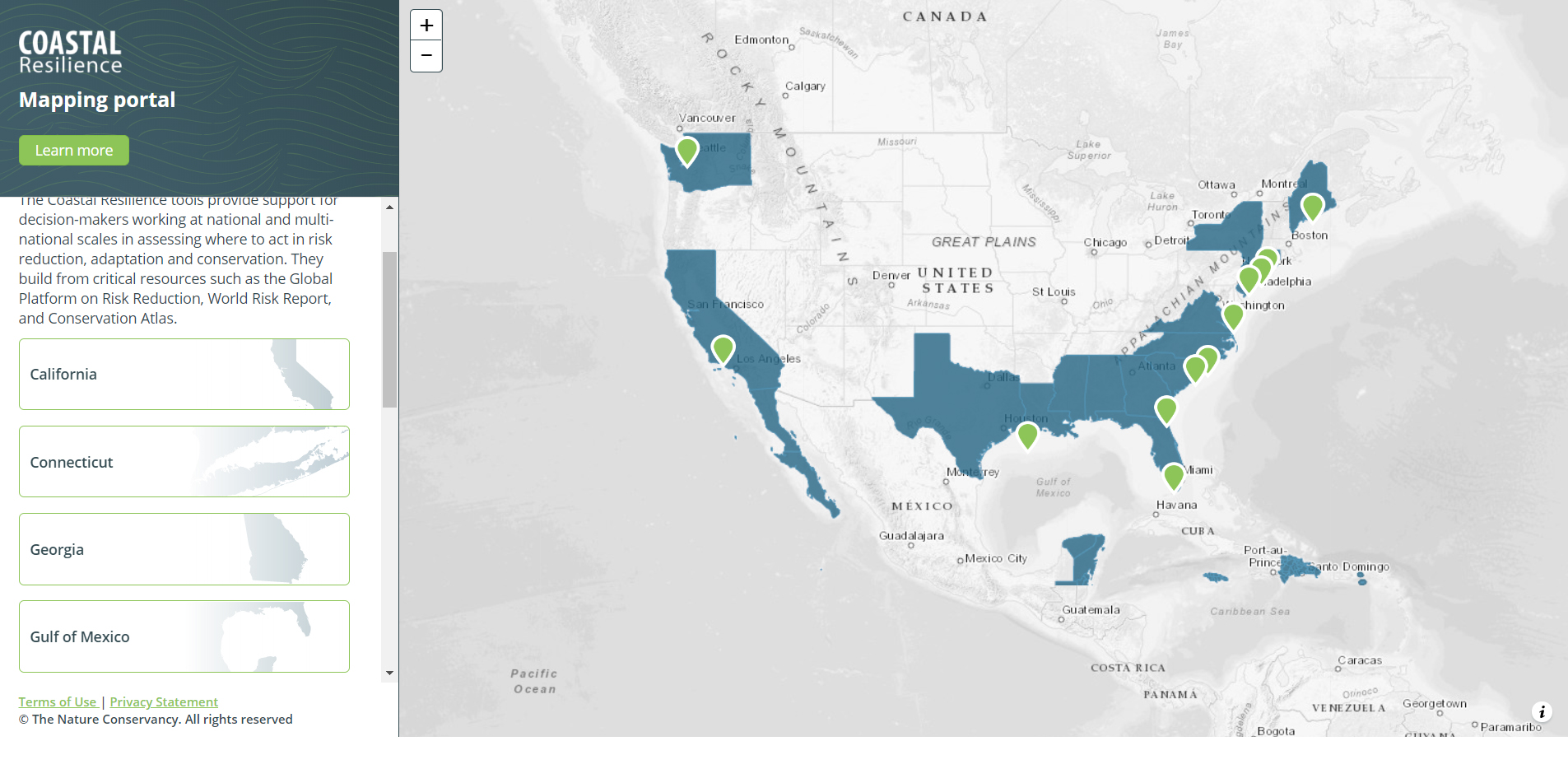 A screenshot of the tool, Coastal Resilience Mapping Portal, being used.