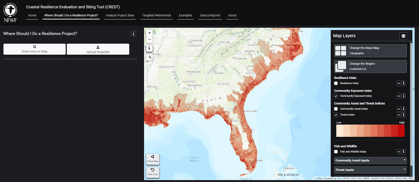 A screenshot of the tool, Coastal Resilience Evaluation and Siting Tool, being used.