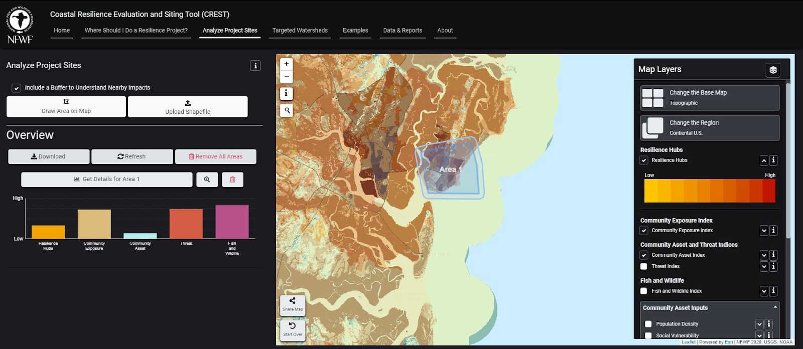 A screenshot of the tool, Coastal Resilience Evaluation and Siting Tool, being used.