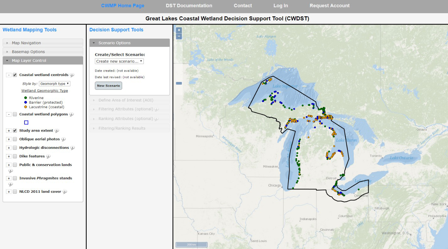 A screenshot of the tool, Great Lakes Coastal Wetland Decision-Support Tool, being used.