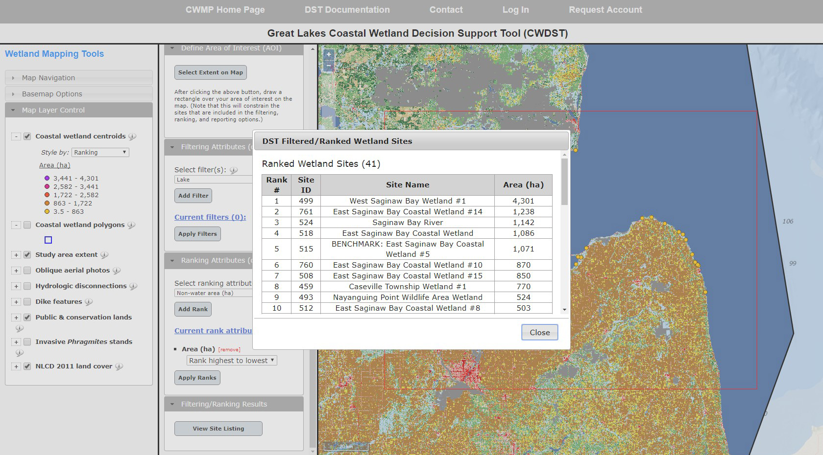 A screenshot of the tool, Great Lakes Coastal Wetland Decision-Support Tool, being used.