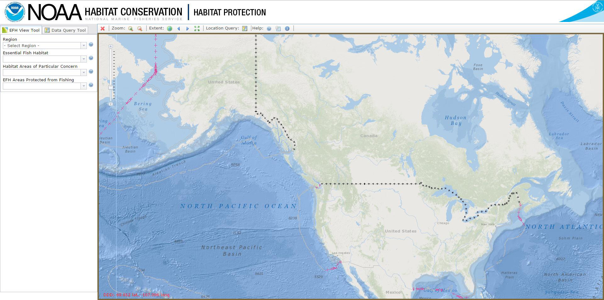 A screenshot of the tool, Essential Fish Habitat Mapper, being used.
