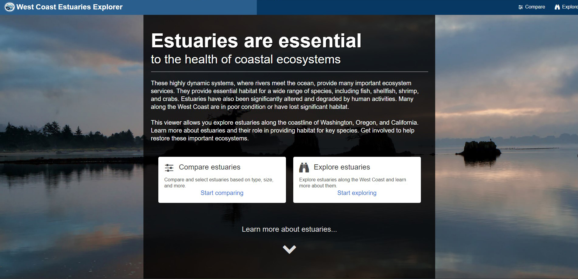 A screenshot of the tool, West Coast Estuaries Explorer, being used.