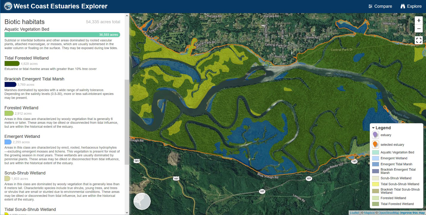 A screenshot of the tool, West Coast Estuaries Explorer, being used.