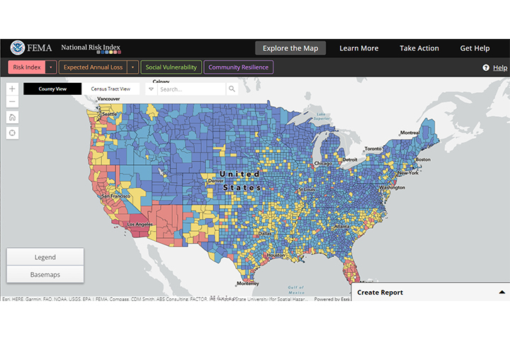 A screenshot of the tool, National Risk Index for Natural Hazards, being used.