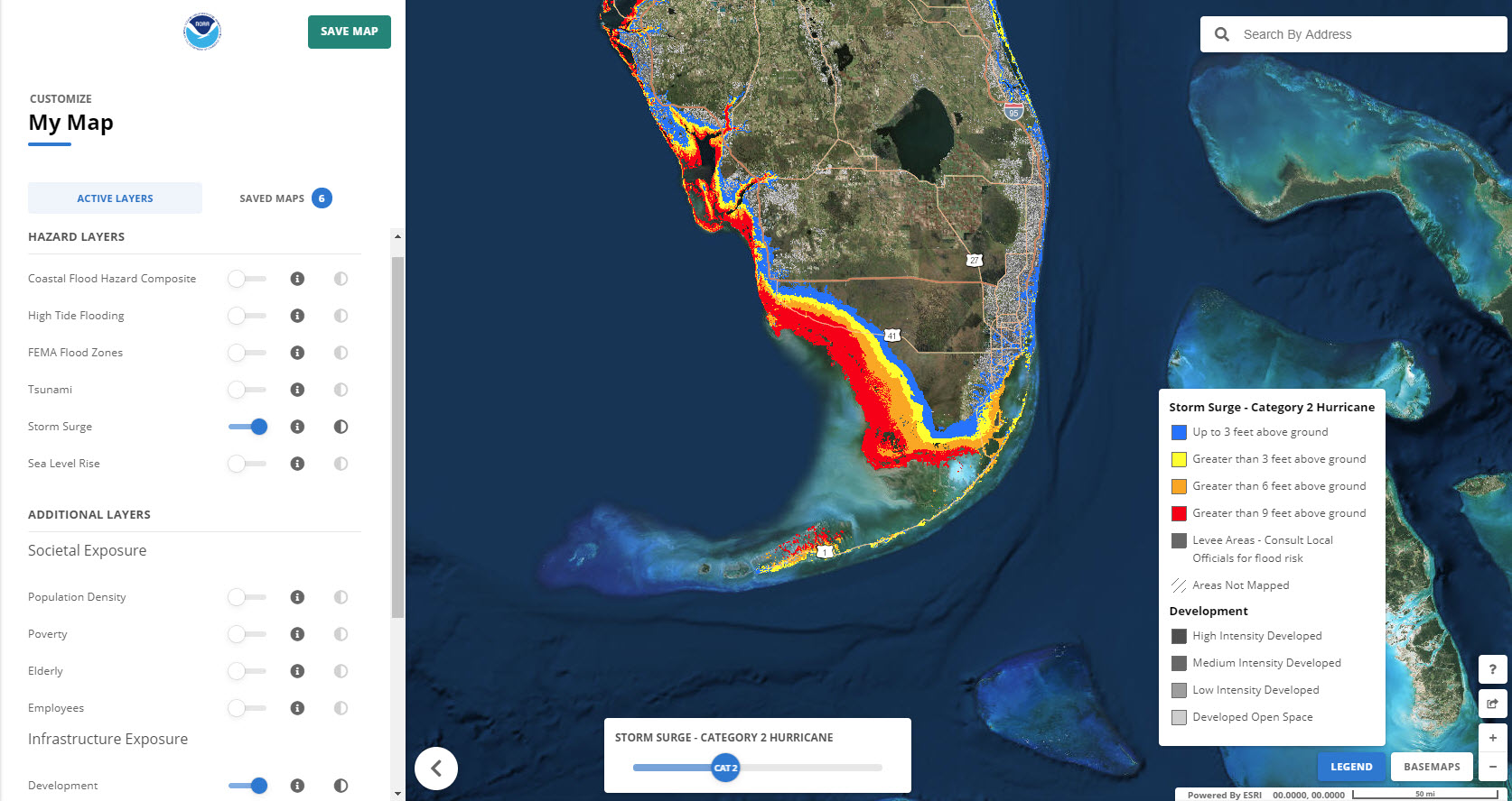 A screenshot of the tool, Coastal Flood Exposure Mapper, being used.