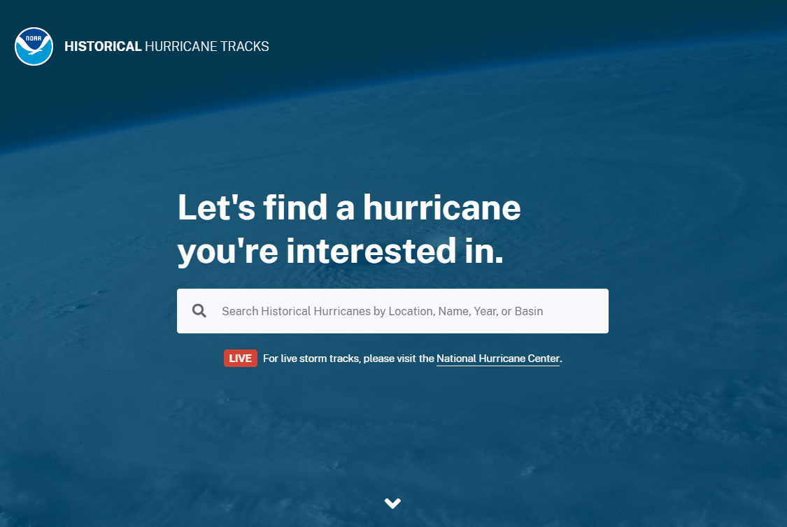 A screenshot of the tool, Historical Hurricane Tracks, being used.