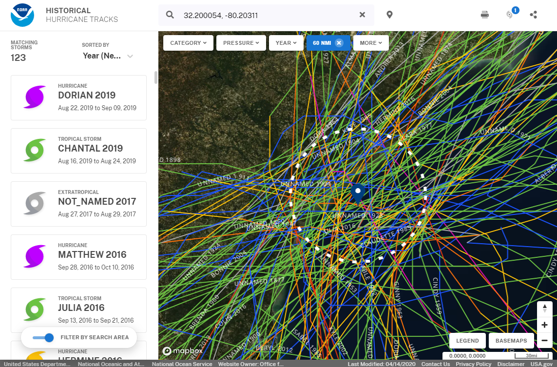 A screenshot of the tool, Historical Hurricane Tracks, being used.