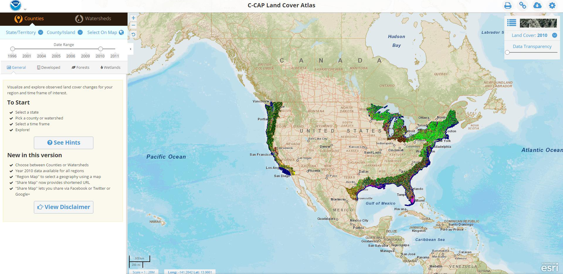 A screenshot of the tool, C-CAP Land Cover Atlas, being used.