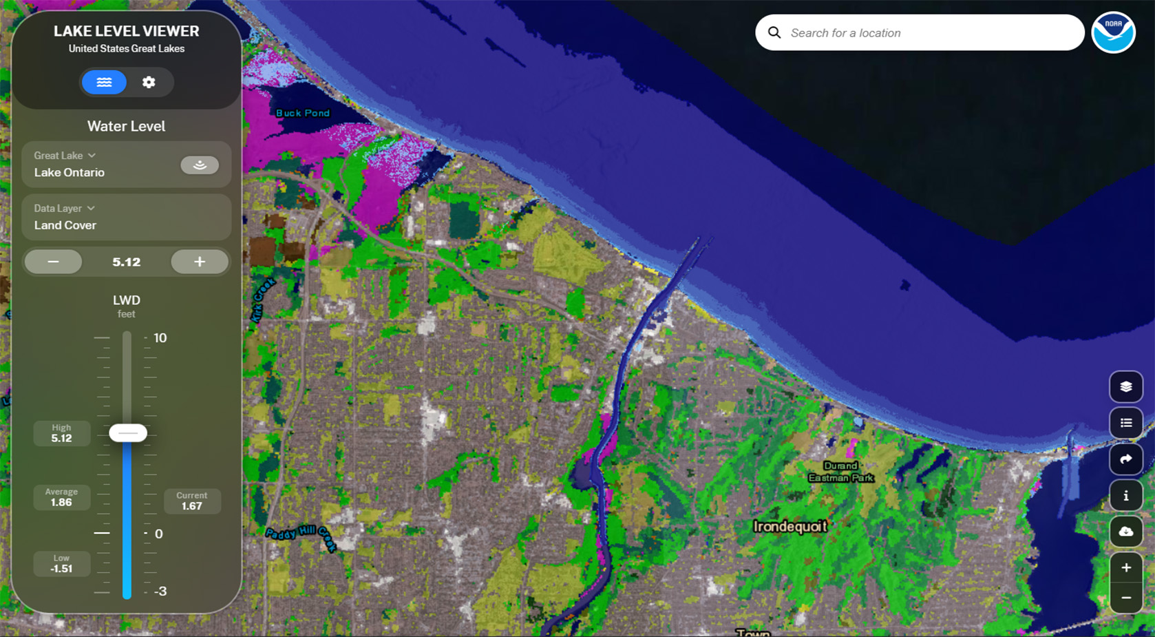 A screenshot of the tool, Lake Level Viewer (U.S. Great Lakes), being used.