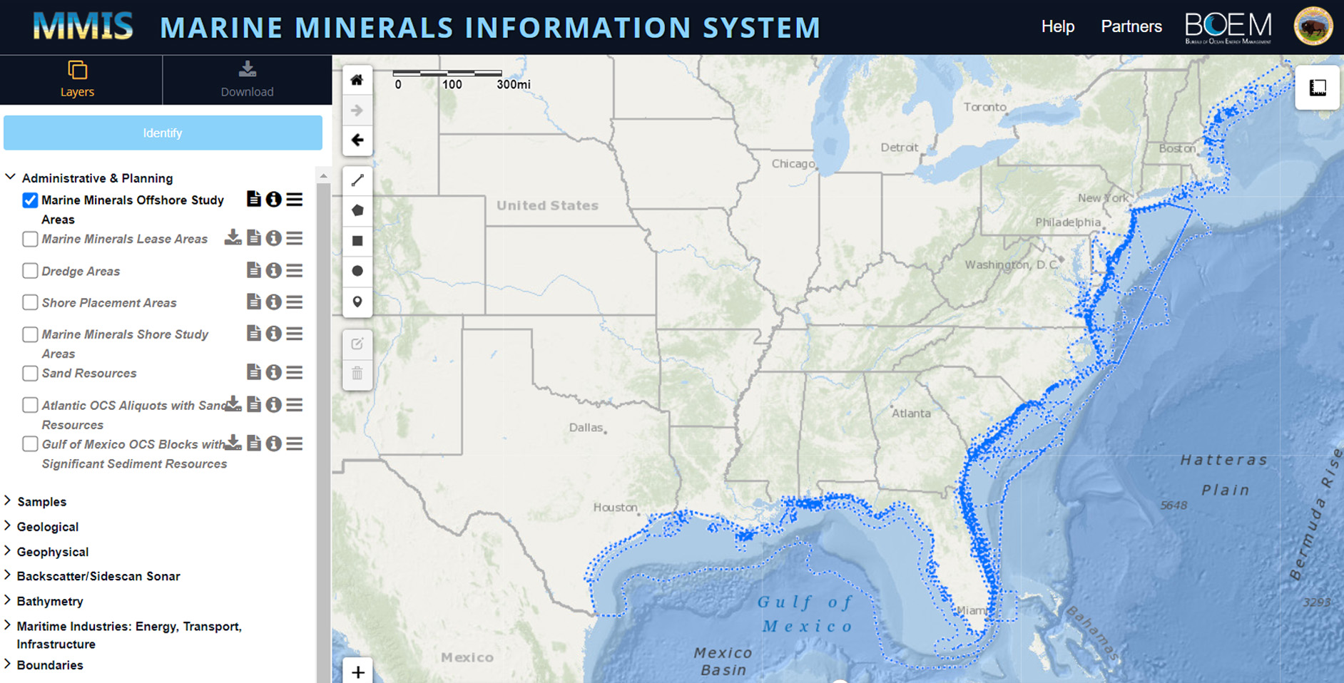 A screenshot of the tool, Marine Minerals Information System, being used.