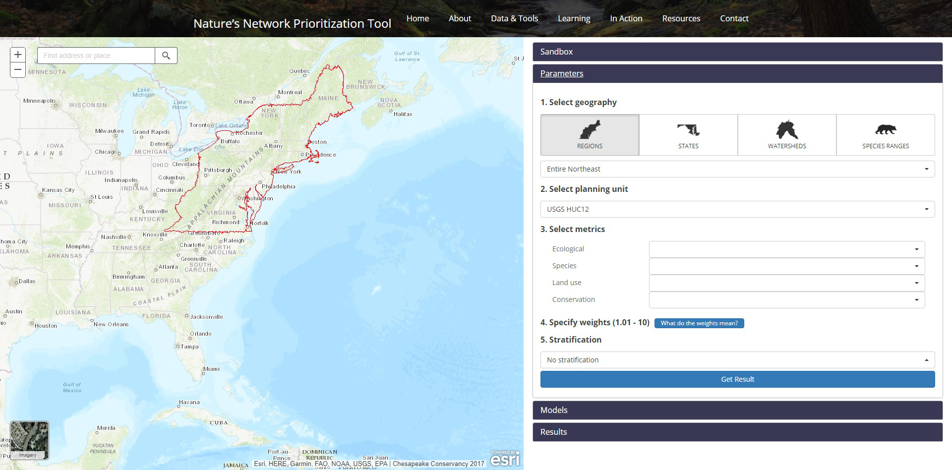 A screenshot of the tool, Nature's Network Prioritization Tool, being used.