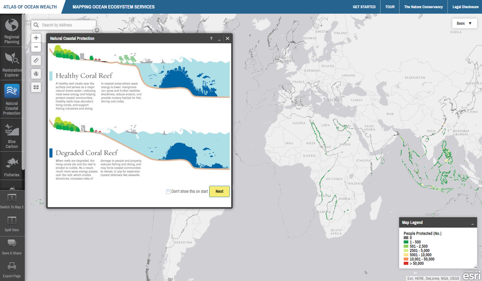 A screenshot of the tool, Mapping Ocean Wealth, being used.