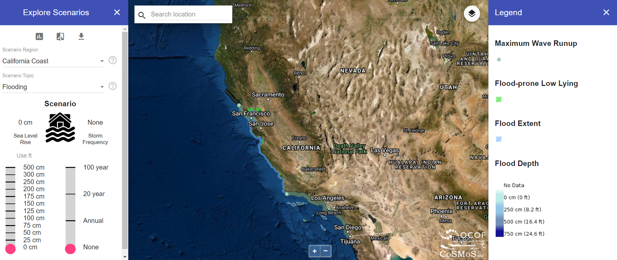 A screenshot of the tool, Our Coast, Our Future - Flood Map, being used.