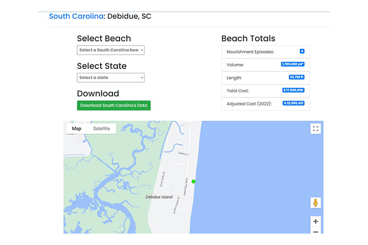 A screenshot of the tool, Beach Nourishment Viewer, being used.