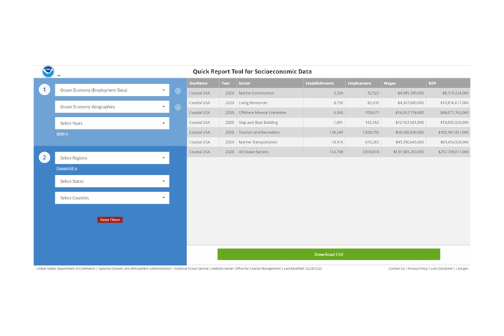 A screenshot of the tool, Quick Report Tool for Socioeconomic Data, being used.