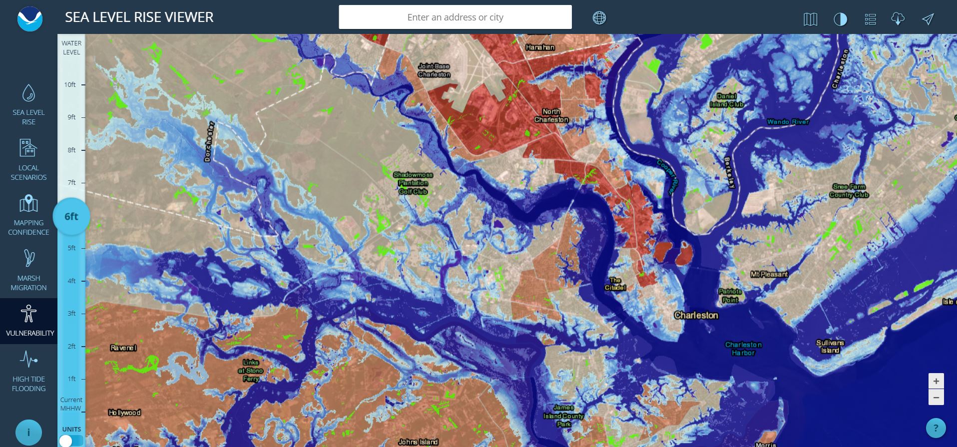 A screenshot of the tool, Sea Level Rise Viewer, being used.