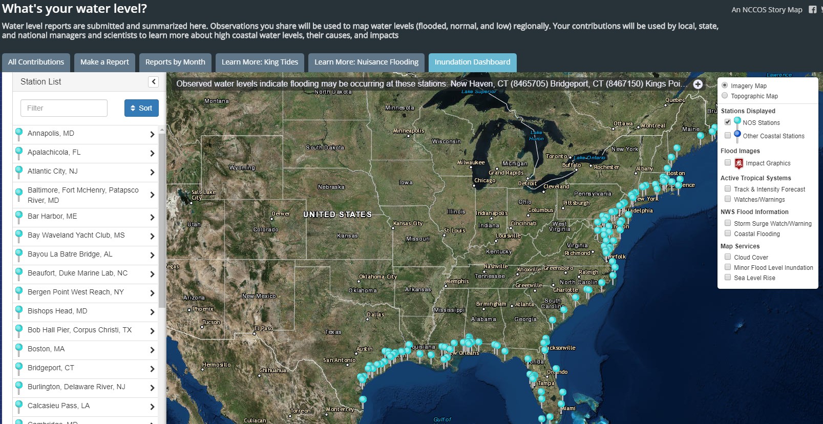 A screenshot of the tool, Citizen Science Water Level Application, being used.