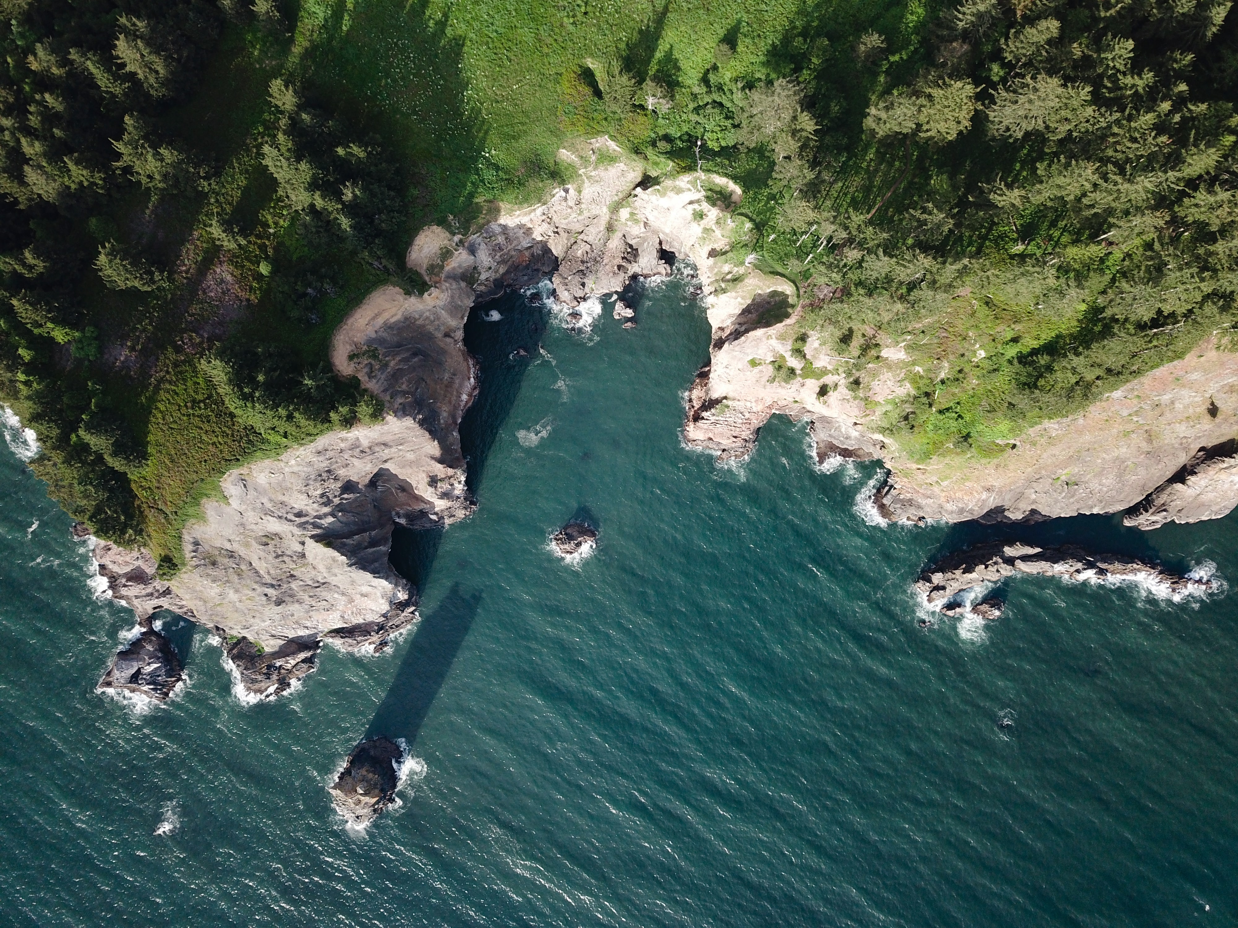 Aerial view of rocky cliffs on the water. Grass and trees are on the top of the cliffs.