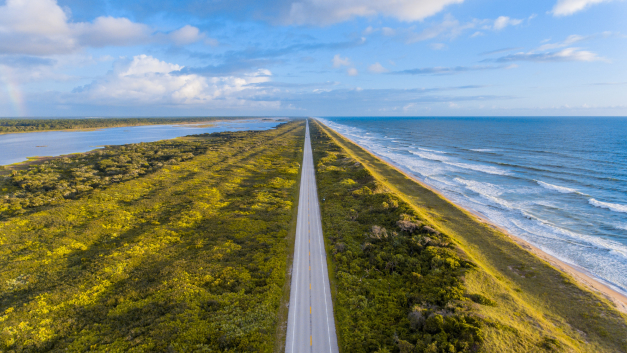 Photo of coastal road surrounded by green buffer