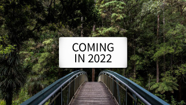 Coming In 2022 text over a bridge in a forest.