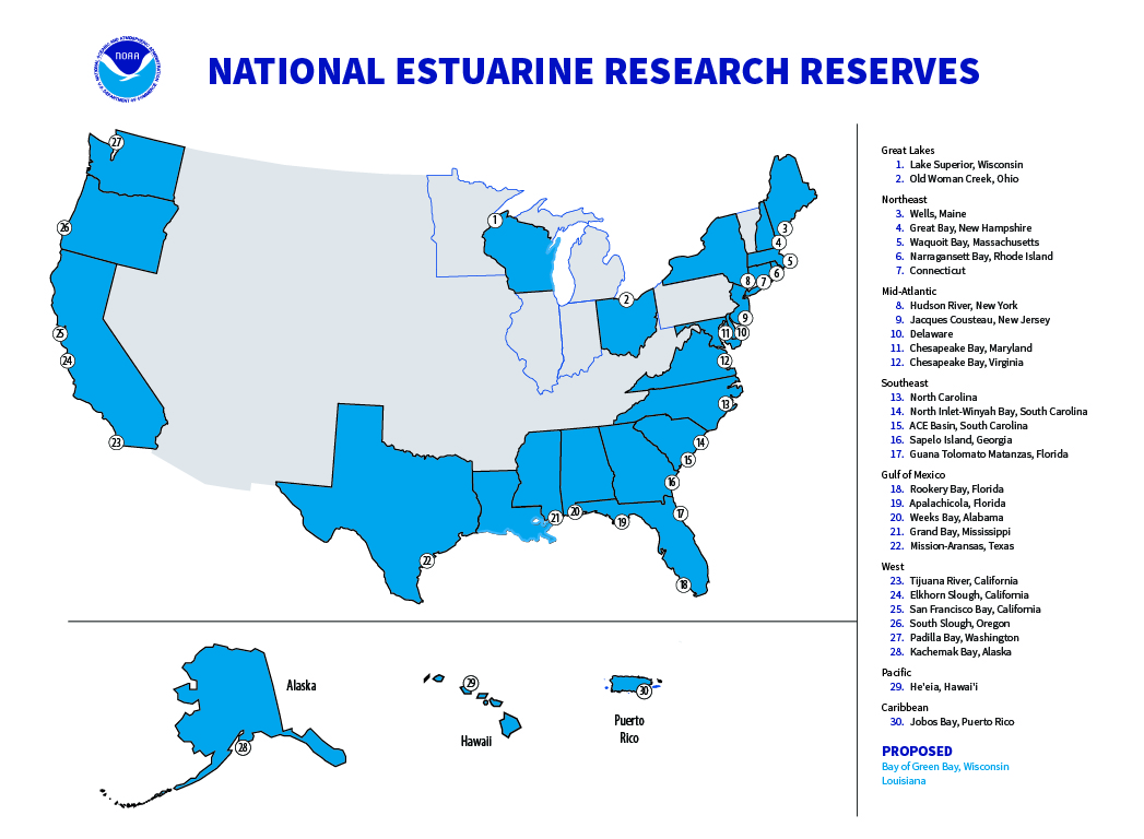 Map showing locations of National Estuarine Research Reserve Systems
