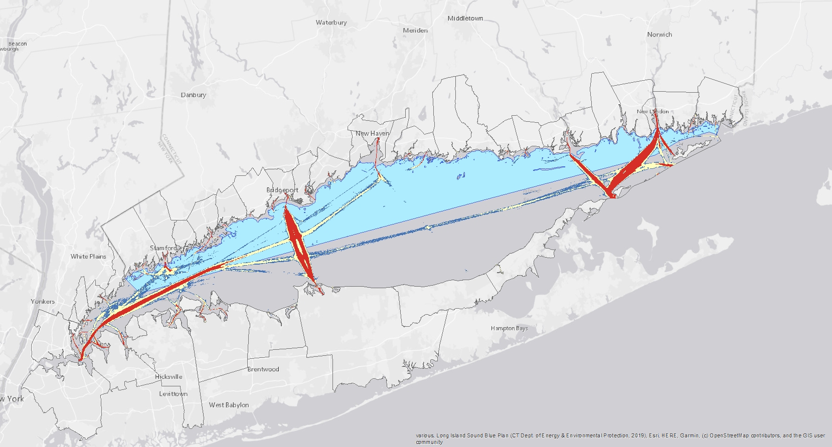 A map showing vessel traffic areas in Long Island Sound.