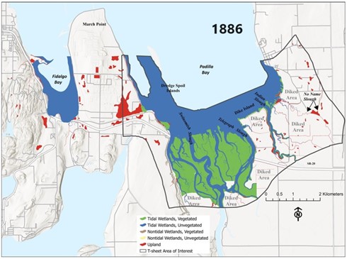 Maps of Padilla Bay show habitat types in 1886 and 1980. A large portion of the vegetated estuary habitat exists in the earlier map, but that area converts to upland habitat in the later map.