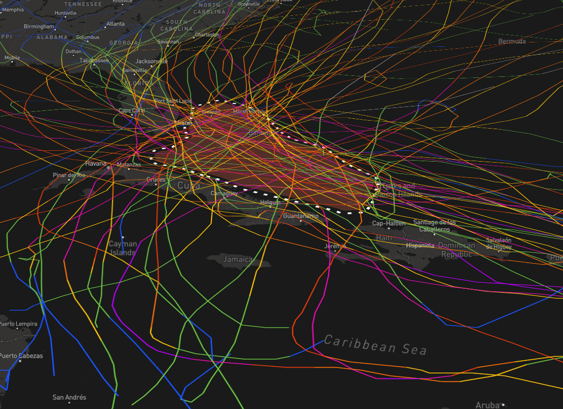 A map of the Bahamas shows dozens of tropical storm tracks, 1900 to the present.