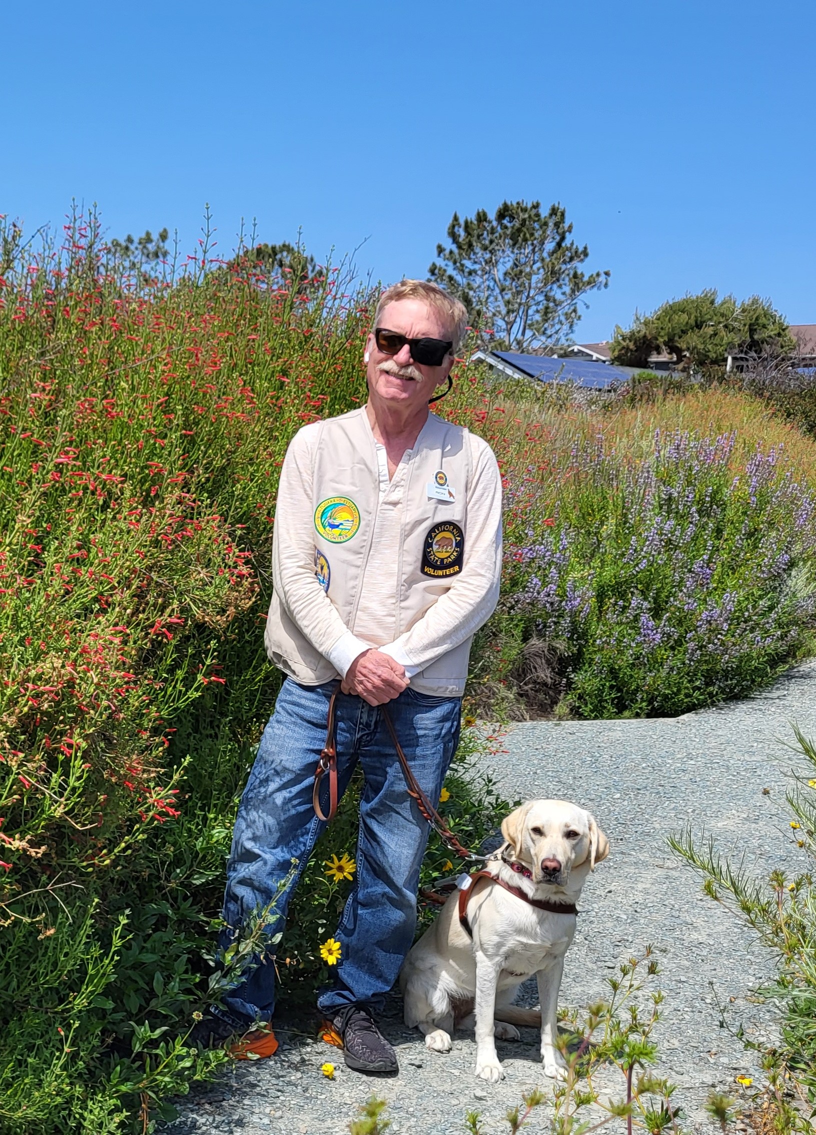 A man stands with his dog among flowers.